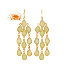 Boucles d'oreilles pendantes en argent plaqué or 18 carats avec pierres précieuses de préhnite et de calcédoine pour filles, vente en gros de bijoux - Product Image 1