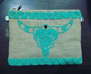 Material de lona bordado a mano cabeza de toro yute cremallera bolsa - Product Image 3