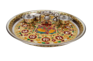 แผ่นสแตนเลสลายพระพิฆเนศ/THALI-SILVER มีน่ากับแก้วน้ำ5นิ้ว (11 "X 11" x 0.75 "นิ้ว) - Product Image 2