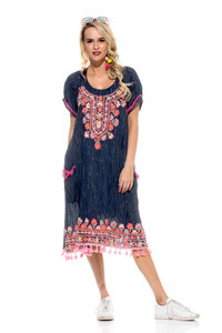 Vestido corto estilo jardín bohemio para mujer, Túnica de verano de algodón Aari bordado llamativo manga de burbuja exterior Tallas grandes - Product Image 5