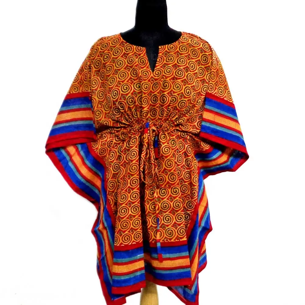 Jalebi unique beach dress free size lady string hand block printed cotton short kaftan For Sale