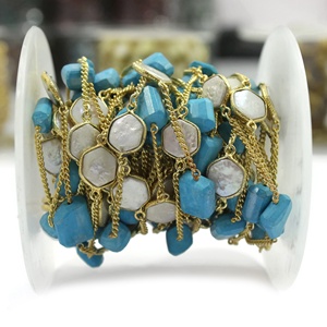 Cadena de eslabones con piedras preciosas turquesas, cadena de eslabones, chapado en oro, joyería de suministro, venta al por mayor - Product Image 1