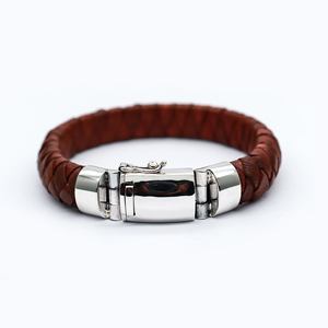 Bali Jewely Trendy Pulsera de eslabones de cadena de cuero para hombres 925 Plata de ley Marrón y plata Últimos diseños - Product Image 1