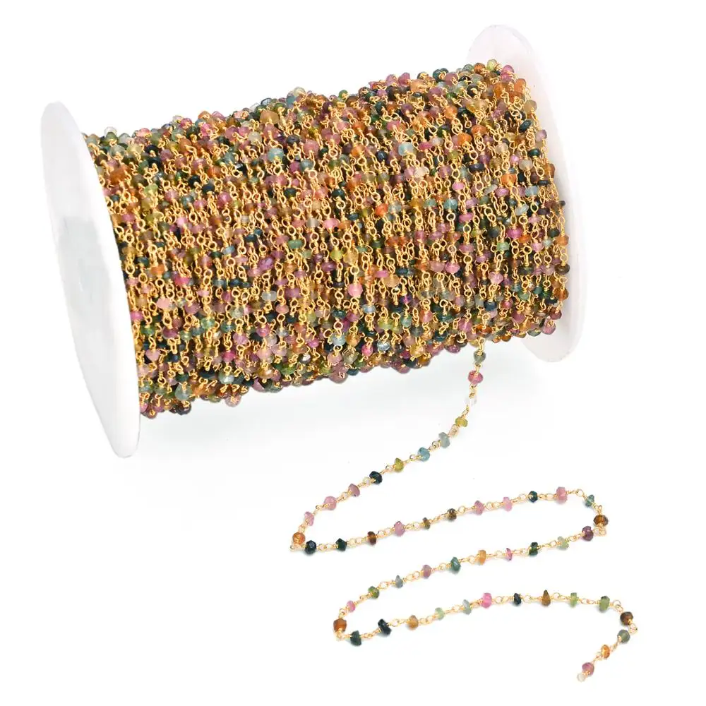 Chapelet chaîne en perles de Tourmaline, perles en argent Sterling 925, bijoux fins plaquées or, 10 mètres, haute finition