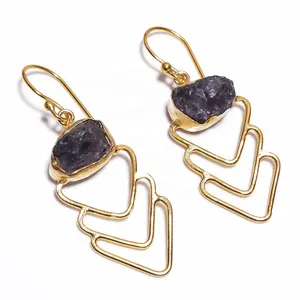 Natural tanzanite gemstone gold plated real brass earrings handmade jewelry bulk wholesale brass earrings manufacturer