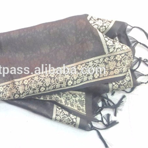 SHIVAM ARTS Indian Banarasi Art Silk <b>Scarf</b> <b>Set</b> with Long Tassels Yarn Dyed Pattern 55x182cm for Stylish Look & <b>Hat</b> & <b>Gloves</b> - Product Image 1