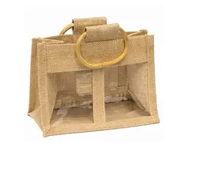 Bolso de compras transparente de yute y doble mango de madera para mujer, bolsa promocional de artesanía de calidad