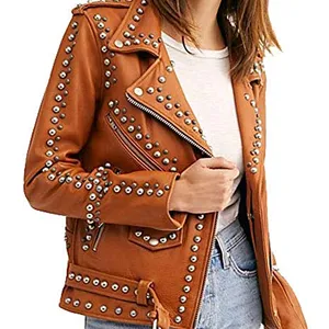 Women Punk brown Metal Studded Biker Leather Jacket for Women