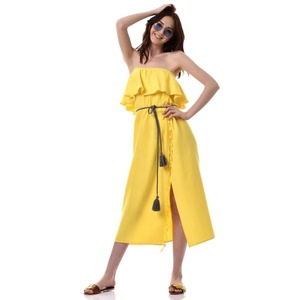 Venta al por mayor personalizable mujer casual sin tirantes verano playa vestidos largos moda gasa rebordear decoración recta - Product Image 1