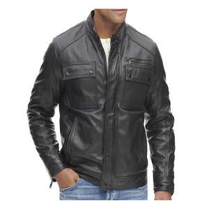 Veste de moto motard classique doublure matelassée multi-poches en cuir véritable vêtements de sport mode vêtements d'extérieur - Product Image 1