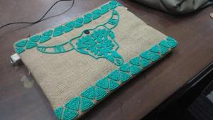 Material de lona bordado a mano cabeza de toro yute cremallera bolsa - Product Image 2