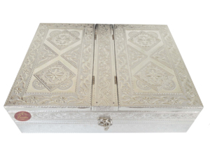 SILVER COLOURED REHAL HOLY QURAN BOOK STAND-BOOK <b>BOX</b> - <b>WOODEN</b> HANDMADE, METAL FINISH (13.12" X 10.12" X 3.67" INCH) - Product Image 3