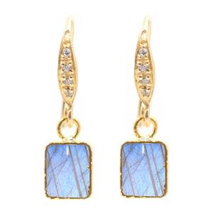 Boucles d'oreilles rectangulaires en labradorite 27-28 mm, plaqué or 14 carats, argent sterling, zircon, fil d'oreille, apprêts en laiton plaqué or, artisanat bleu - Product Image 1