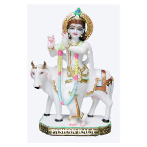 Statue Krishna en marbre blanc, fait à la main, avec vache, 1 pièce - Product Image 1