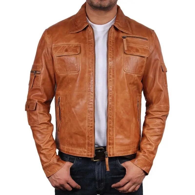 Men's Tan Leather Jacket, Biker Leather jacket, Fashion Genuine Lambskin Jackets brown waxed jacket