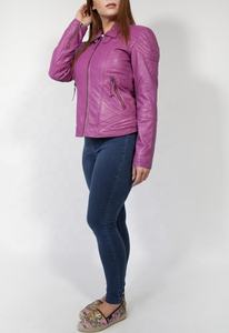 Elegante chaqueta de cuero de Napa rosa para mujer Crocheted Soft Genuine Sheep Skin Modern Twist on Classic Biker Fashion - Product Image 4