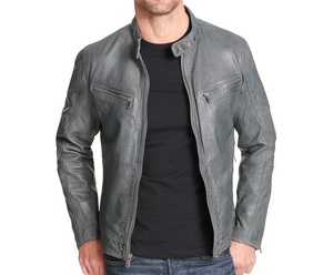 <b>Vintage</b> Biker Style Motorcycle <b>Jacket</b> Comfortable Classic Real Leather Fashion Outerwear with Mock Collar Durable Stylish - Product Image 2