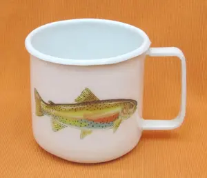 Taza de esmalte blanco, calcomanía de pescado, venta al por mayor de fábrica