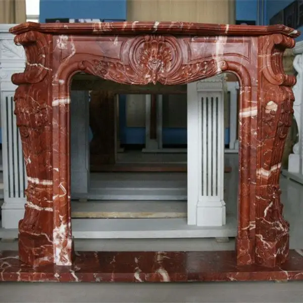 Indoor used fireproof marble fireplaces Red marble handcarved modern designs surround hearth flower sculptured