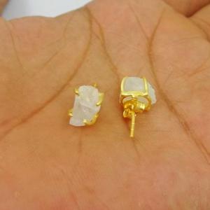 Rainbow Moonstone Prong <b>Set</b> <b>Stud</b> <b>Earring</b> Raw Gold Vermeil for Engagement Wedding Anniversary or Party Gift Idea - Product Image 2