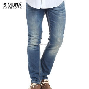 SIMURA Men's Slim Fit Dark Blue Cotton <b>Jeans</b> Mid <b>Waist</b> Casual Straight Leg Washed Denim Pants - Product Image 3