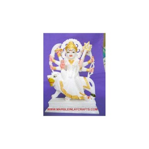 Magnifique statue de Durga Maa en marbre blanc pur, sculptée à la main, s'assise sur un lion, entièrement décorée, pour la décoration de la maison et la culte. - Product Image 2