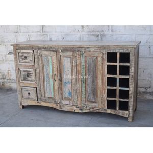 Buffet de salle à manger antique à 3 portes et 3 tiroirs Meubles en bois recyclé avec présentoir à whisky pour la maison - Product Image 1