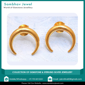 Antique Gold Stud <b>Earrings</b> with Pearl Wholesale 925 Sterling Silver Half <b>Moon</b> Design Vintage 18K Gold Plated Handmade Jewelry - Product Image 3