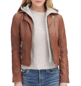 Venta al por mayor de moda de las mujeres chaqueta de cuero de motorista real Beige oscuro aspecto deportivo diseño personalizado barato recién llegados - Product Image 3