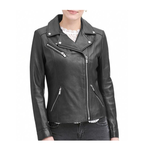 Chaqueta de motorista de cuero de alta calidad personalizada para mujer, ropa de calle, estilo de carreras con cremallera, abrigo de cuero auténtico a la moda - Product Image 1