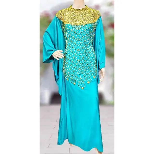 trendy collection beaded Islamic abaya o-neckline Georgette fabric Dubai loose fitting comfortable kaftan