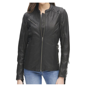 Nueva Chaqueta de Piel de Oveja Color Beige Oscuro para Mujer, Estilo Motero, Deportiva y a la Moda, con Diseño Personalizado, Venta al Por Mayor - Product Image 1