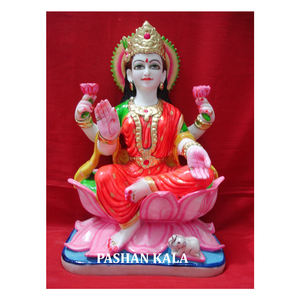 Religious Pure Makrana White Marble Colorful Hand <b>Painted</b> Goddess Laxmi Ji Sitting Statue For Home Decoration Purpose - Product Image 1