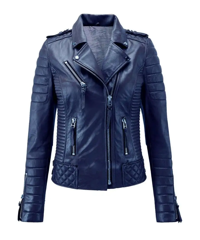 Veste en cuir pour femmes Biker Outerwears Motorcycle Slim Fit St Lambskin Blue motard style loose jacket