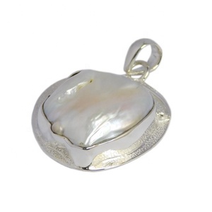 Indian Handmade <b>Solid</b> 925 Sterling Silver Fine Jewelry <b>Pendant</b> Vintage Natural Mother Pearl Gemstone with Rhodium & <b>Gold</b> Gift - Product Image 1