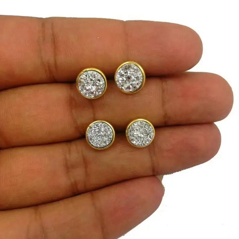 Set Bezel Lapis Emas Druzy Perak, Anting-Anting Kancing