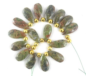 เครื่องประดับทำมืออัญมณีรูปลูกแพร์,ลูกปัด Briolette แท้16ชิ้นทำจากหิน Unakite Jasper ธรรมชาติ1เส้น - Product Image 2