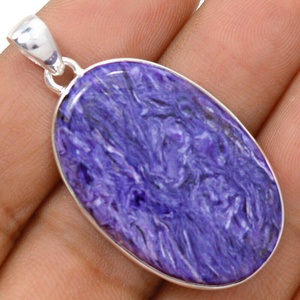 Colgante de Plata de Ley Hecho a Mano con Piedra Preciosa de Charoita Natural, Colgante de Plata con Charoita de Siberia - Product Image 5