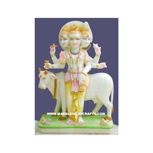 Dattatreya รูปปั้นหินอ่อนสีขาวทำมือ,การออกแบบชิ้นงานที่สวยงามสีทองขัดมือศิลปะอินเดีย - Product Image 1