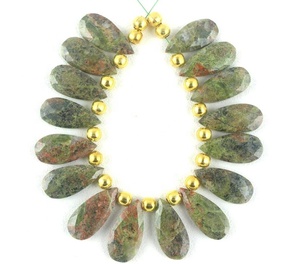 เครื่องประดับทำมืออัญมณีรูปลูกแพร์,ลูกปัด Briolette แท้16ชิ้นทำจากหิน Unakite Jasper ธรรมชาติ1เส้น - Product Image 5