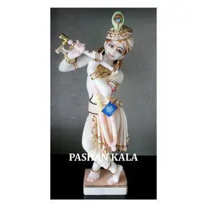 El yapımı doğal beyaz Makrana mermer el cilalı Lord Krishna ayakta heykel bütçe fiyat