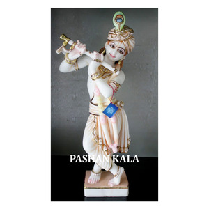 Sculpture de Dieu Krishna debout en marbre blanc Makrana naturel fait à la main, poli à la main, à prix abordable - Product Image 1