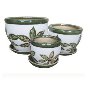 Pretty Green Ceramic Garden Pot with Leaf Design Flora Pots Planter Including Saucer for Flower & Plant Display - Product Image 1