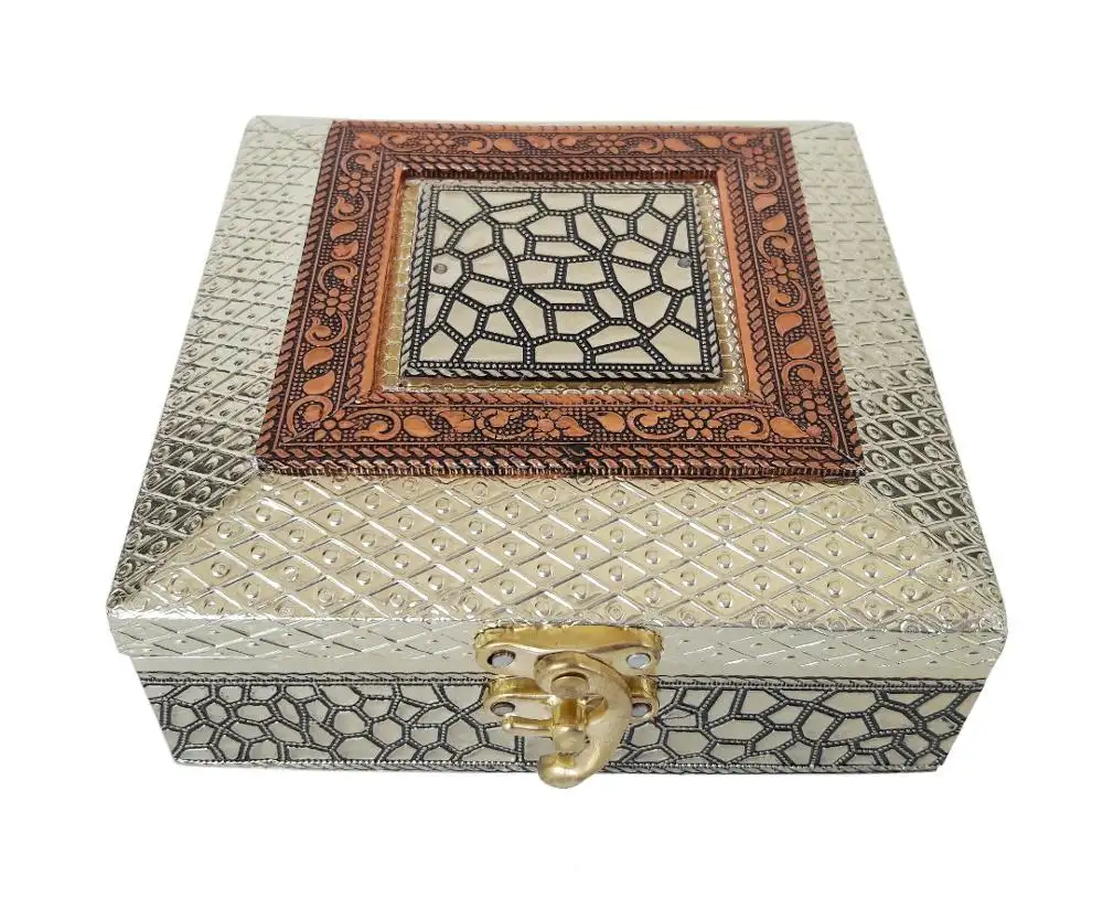 골동품 금속 마무리, 나무 수제, 보석 선물 상자 (5 "x 5" x 2 "인치) 돌