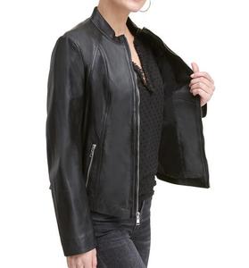 Chaqueta de cuero de talla grande a la moda de otoño para mujer con cremallera negra Abrigo de moda-Piel de oveja al por mayor - Product Image 5