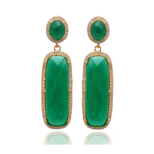 925 Silver <b>Earring</b> 18kt Gold Plated Studded Green Onyx Gemstone With Vintage Handmade Wholesale Product Jewelry for Women - Product Image 1
