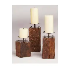 Rustic wooden candle holder with metal