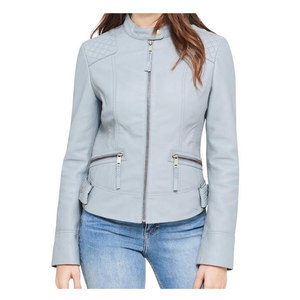 Center Zip Quilt Shoulder Leather <b>Jacket</b> Stylish Women's Biker Outerwear Soft Genuine Lambskin Comfortable and Trendy Wear - Product Image 1