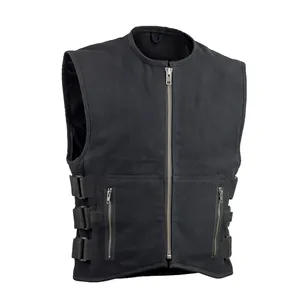 Heavy Hitter canvas Black Medium biker leather vests High quality Men's Lapel Black Slim Fit Vest