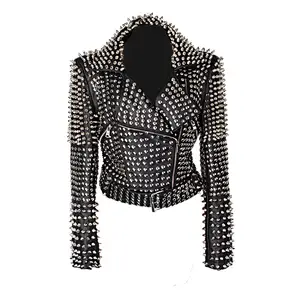 Heavy Metal Punk Rock Star besetzte Damen jacken aus Leder mit passendem Gürtel S-4XL